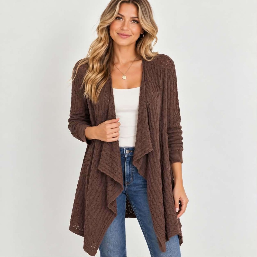 Kate Hill Cardigan Women 1X Brown Waterfall Open Front Pointelle Cable Knit